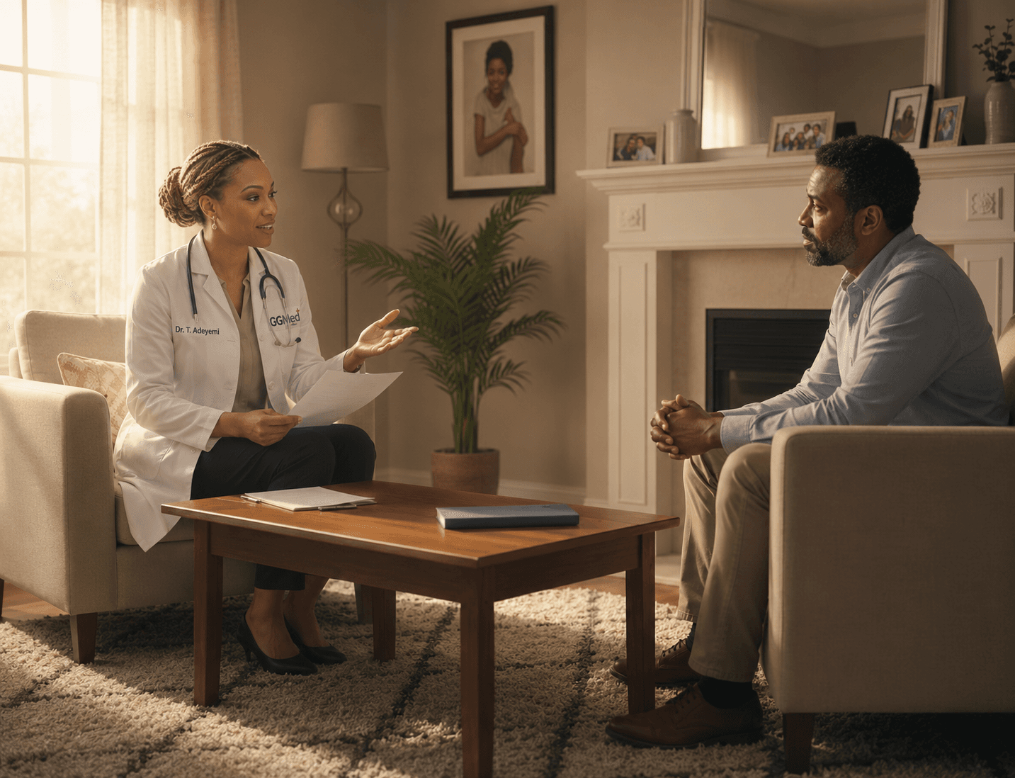 Female doctor in white coat discusses medical papers with a male patient at home.