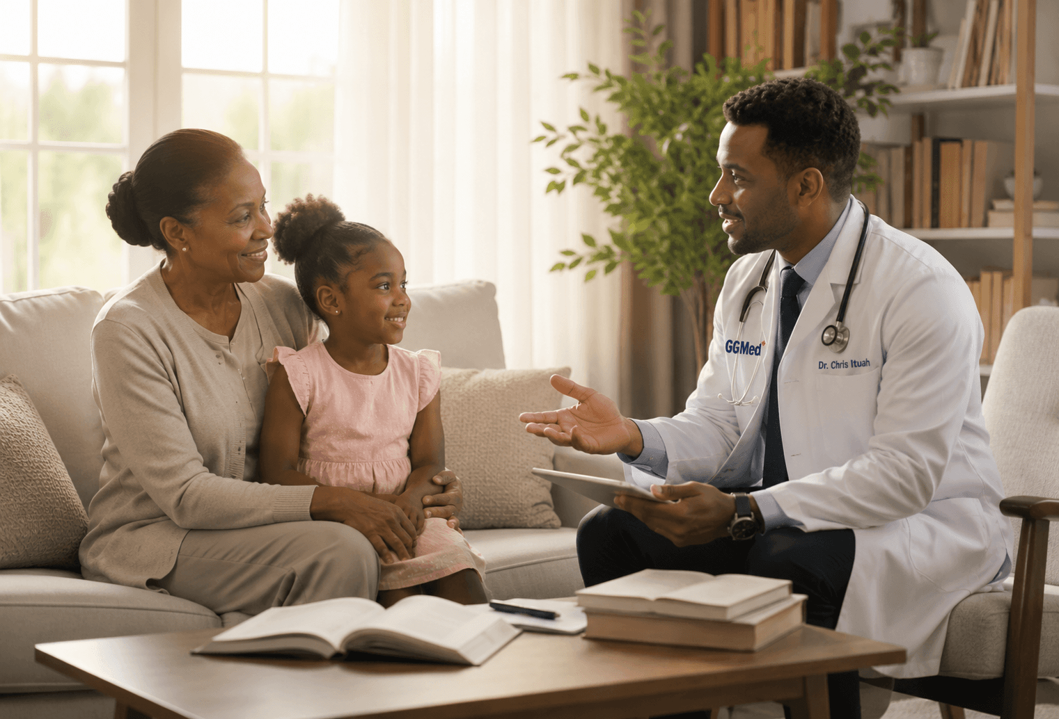A Black doctor in a white coat discusses health with a grandmother and granddaughter.