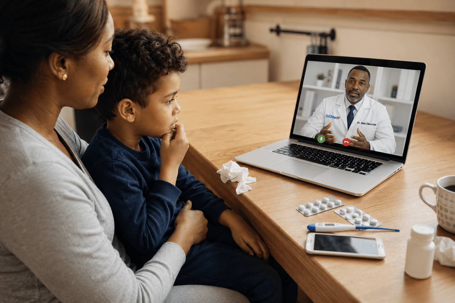 Mother and son consult a doctor via laptop during a telehealth appointment at home.