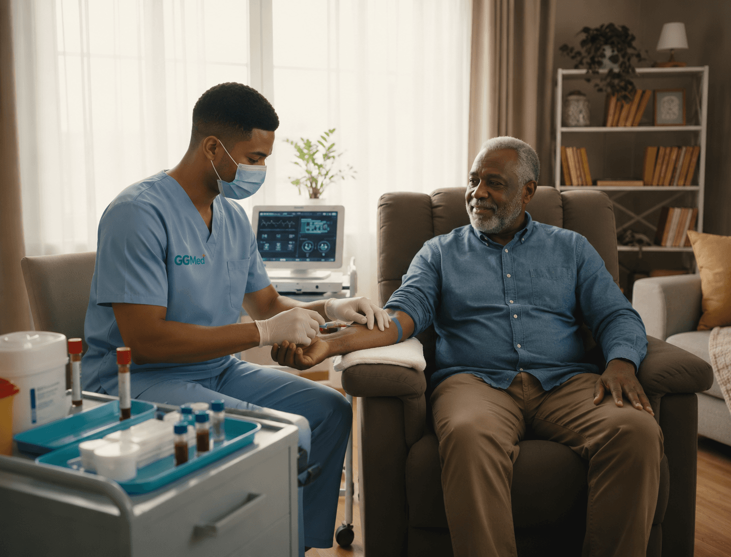 A nurse in blue scrubs draws blood from an elderly man in a home setting.