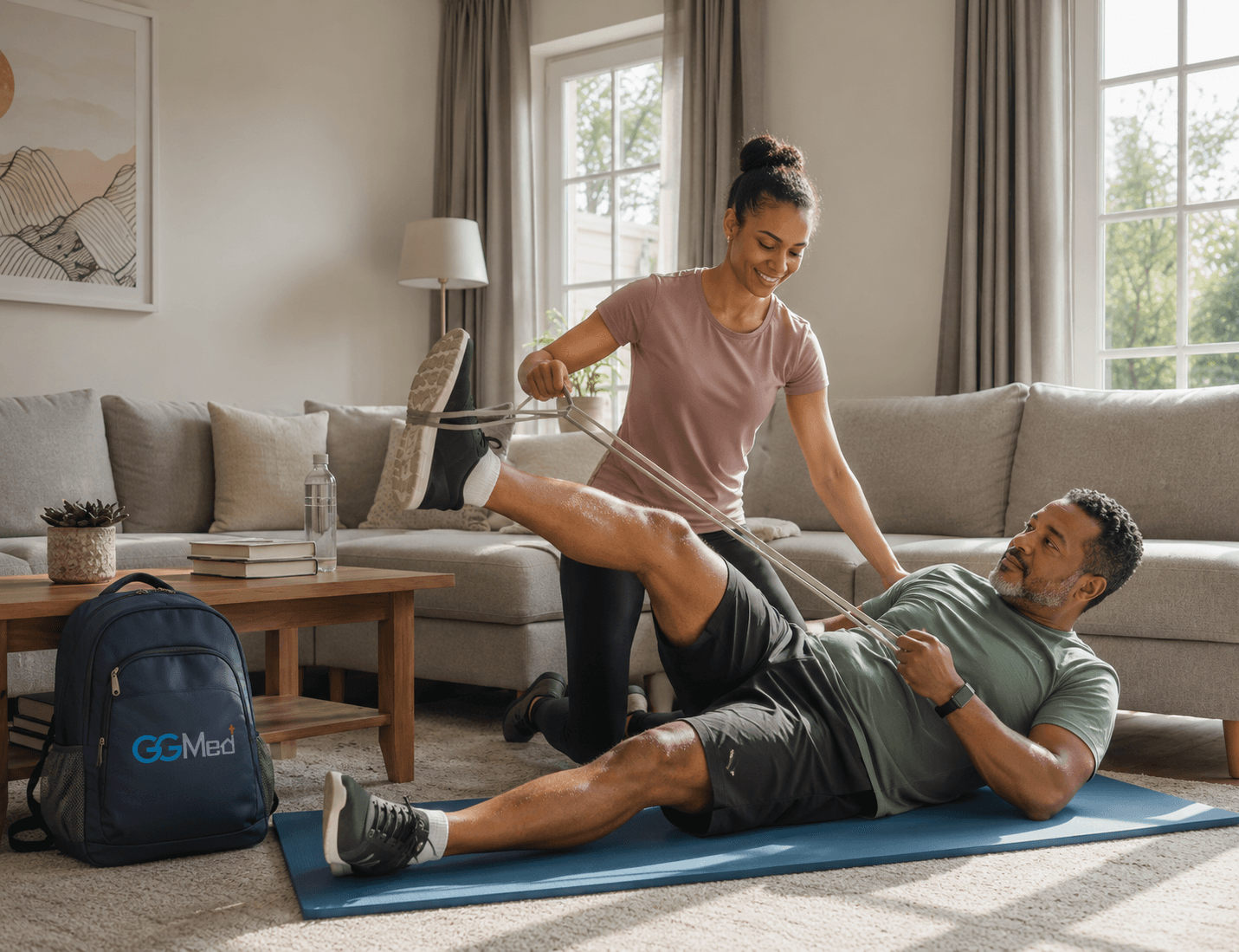 A female therapist assists a man with leg stretches using a resistance band at home.