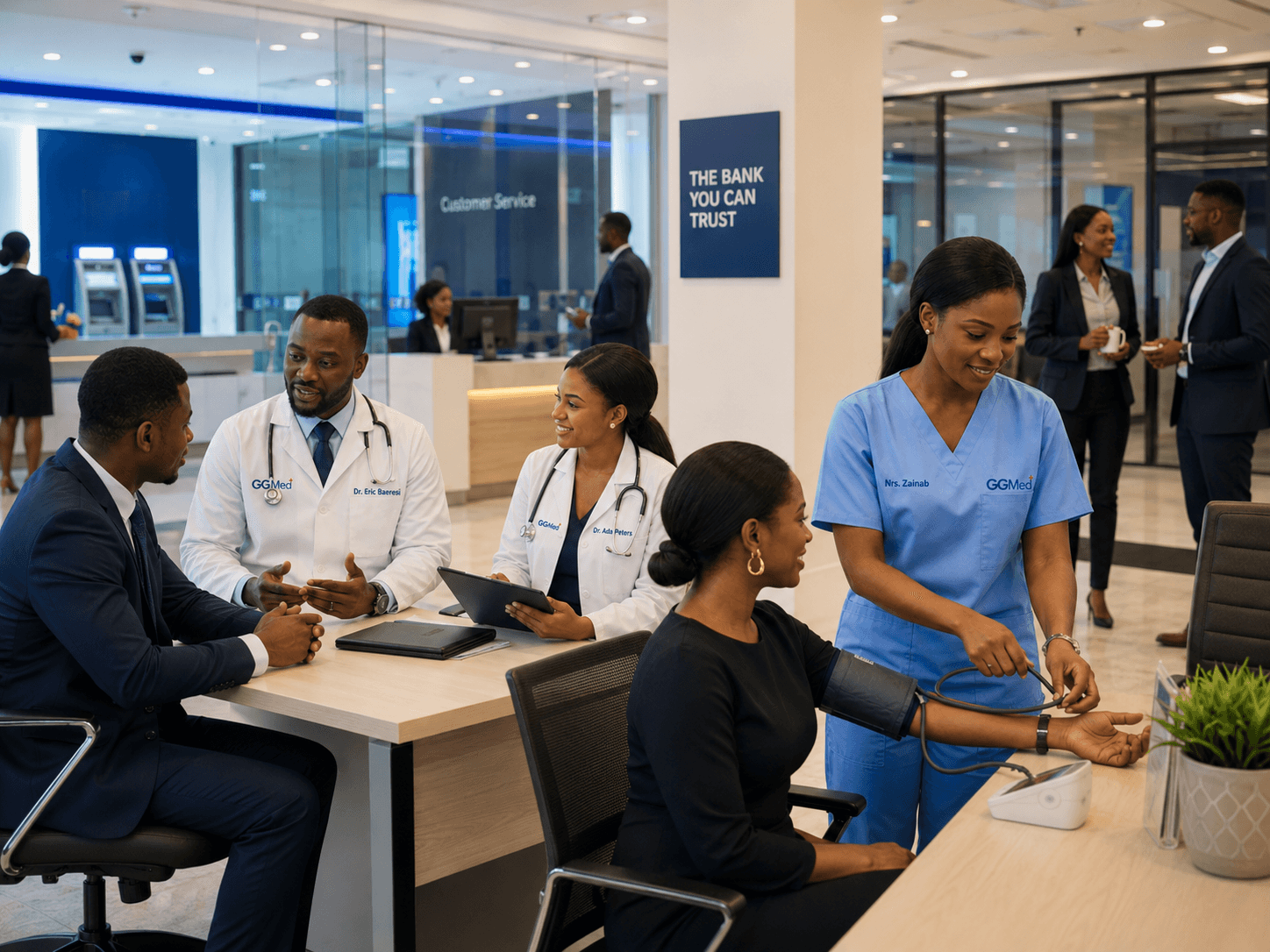 Doctors and a nurse provide medical consultations and health screenings in a modern bank lobby.