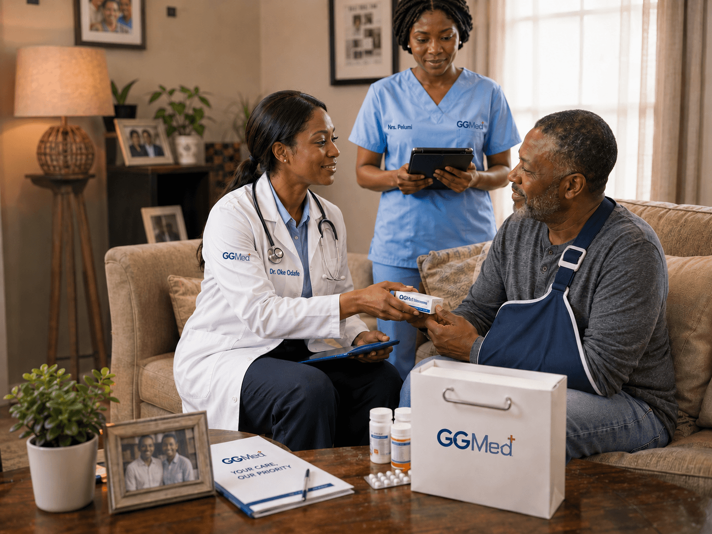 Doctor hands medication to a man in a sling during a home healthcare visit.