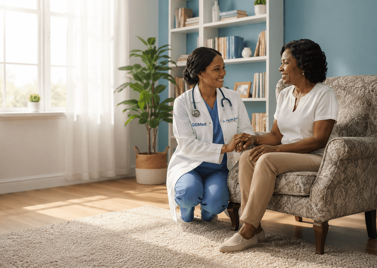 Smiling Black female doctor holding the hand of a senior patient in a bright room.
