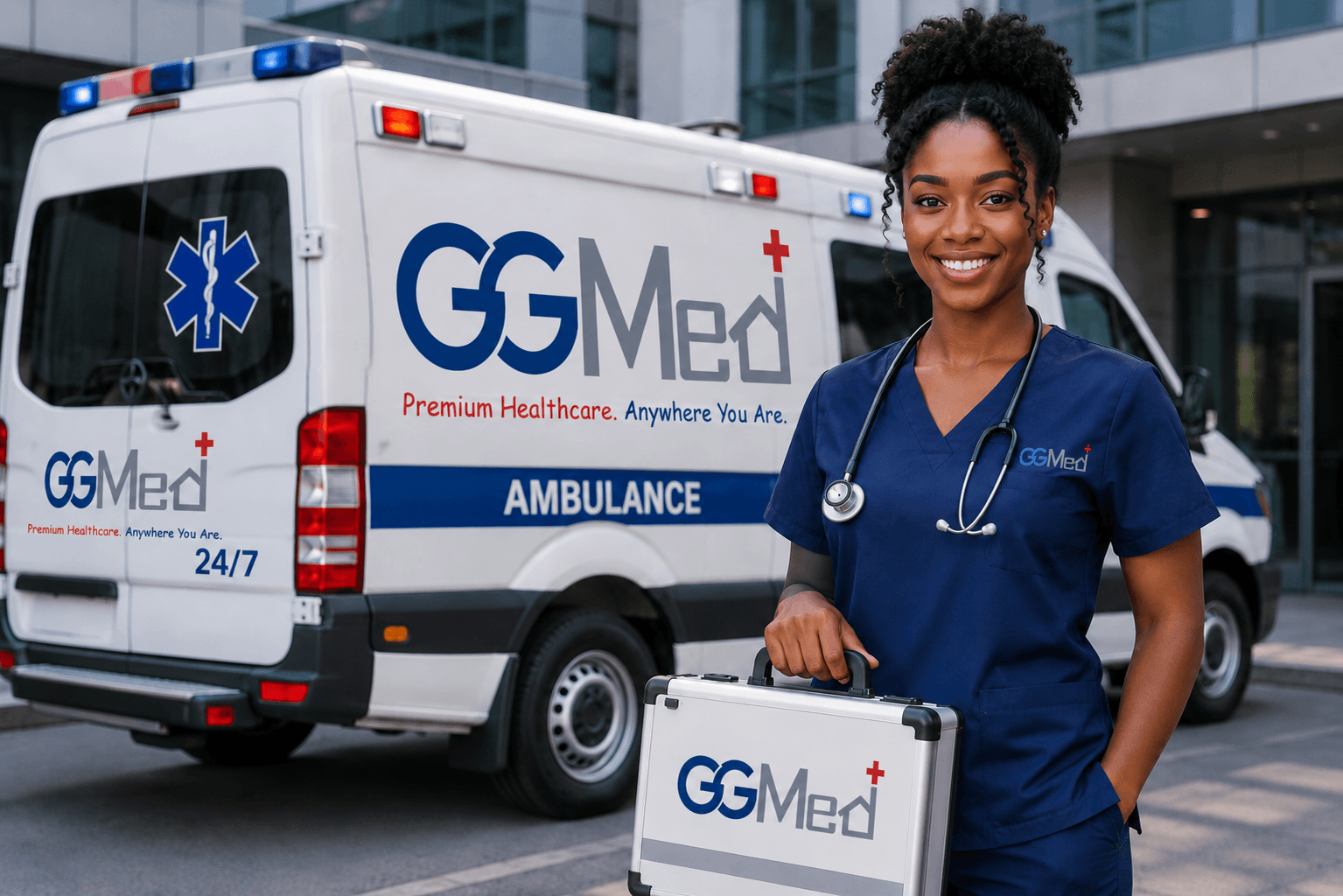 Smiling healthcare professional in blue scrubs holding a medical case beside a branded GGMed ambulance.
